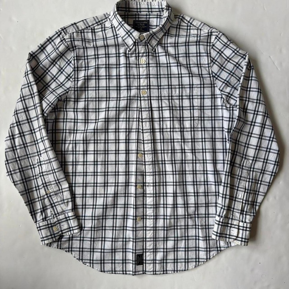 Abercrombie & Fitch Mens XXL White Blue Plaid Button Up Cotton Dress Shirt Y2K